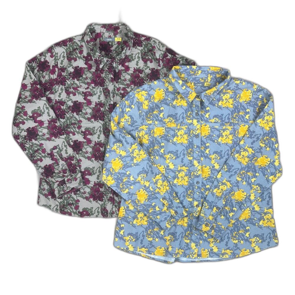 Cabelas Women's 2XL XXL Lot of Two Floral Printed Long Sleeve Shirt Pima Cotton